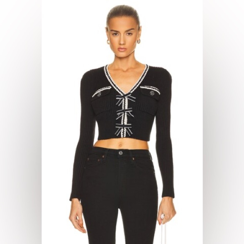 Self-Portrait Black Melange Ribbed Knit Cardigan Large